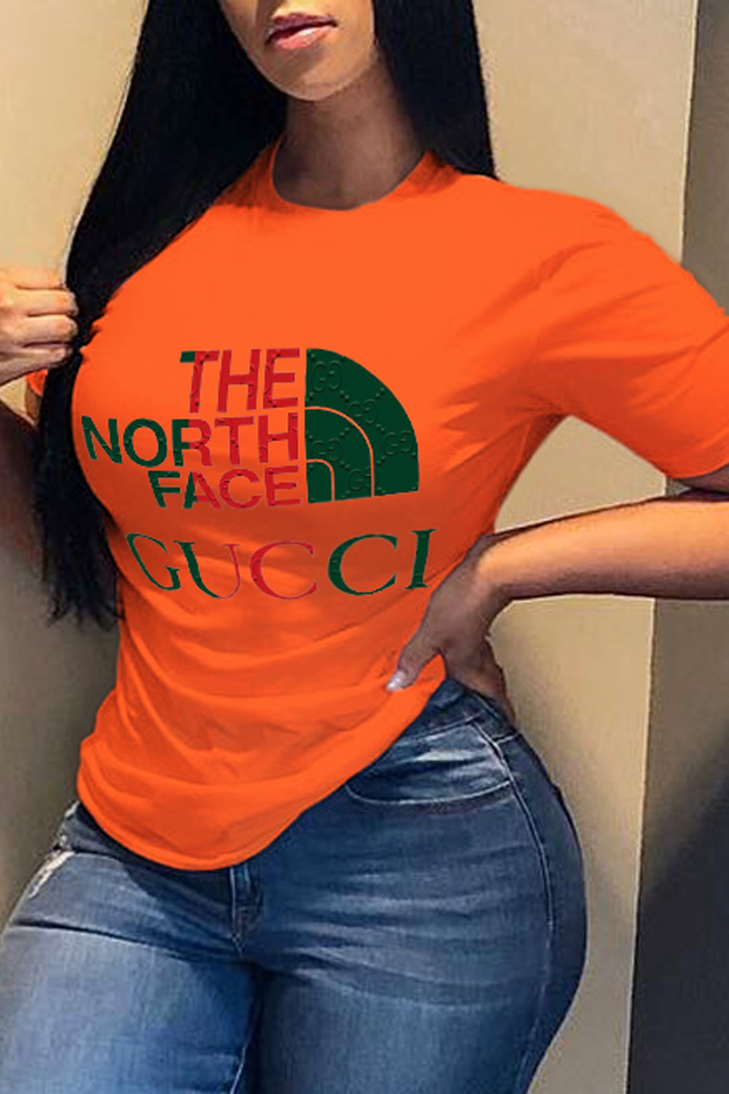 

Orange Fashion Simplicity Print Split Joint Letter O Neck T-Shirts
