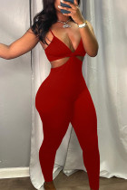 Rode sexy effen uitgeholde patchwork spaghettibandjes reguliere jumpsuits