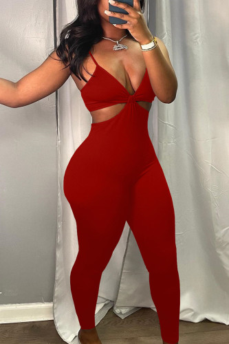 Red Sexy Solid Hollowed Out Patchwork Spaghetti Strap Regular Jumpsuits