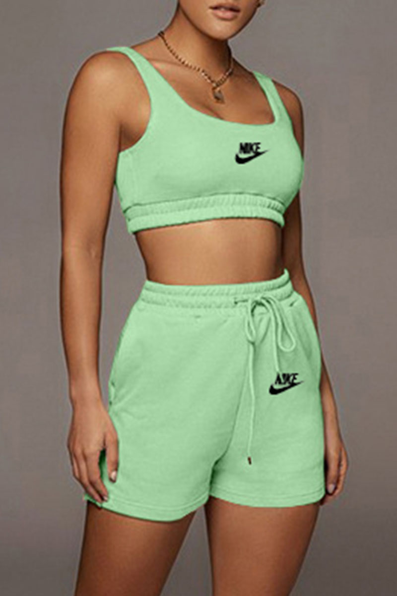 

Green Fashion Sportswear Print Split Joint U Neck Sleeveless Two Pieces