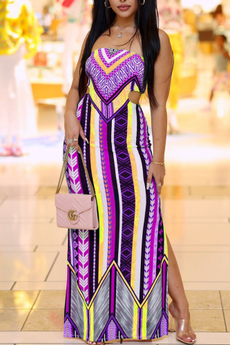 Purple Sexy Print Hollowed Out Patchwork Slit Strapless Straight Dresses