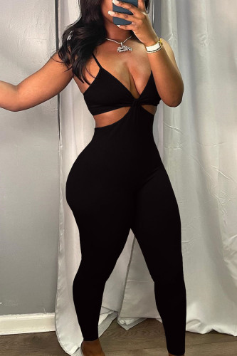 Black Sexy Solid Hollowed Out Patchwork Spaghetti Strap Regular Jumpsuits