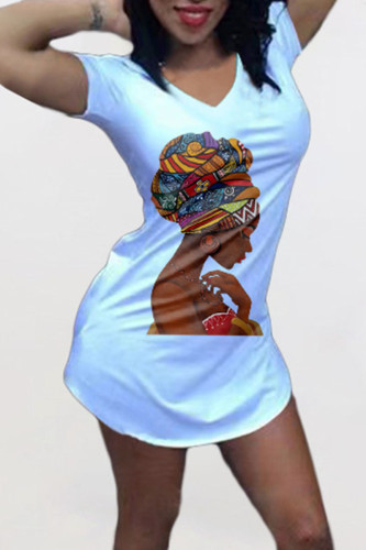 White Casual Print Patchwork V Neck Straight Dresses