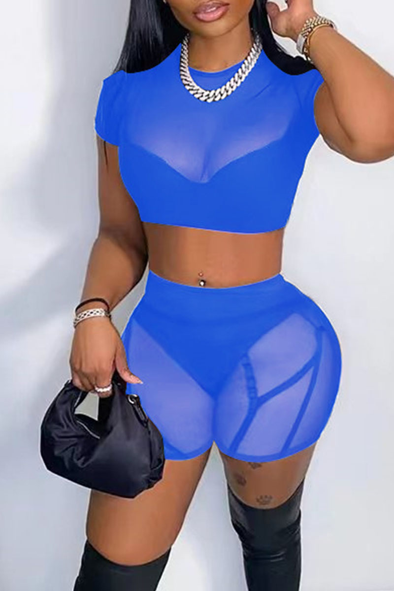 

Blue Sexy Solid Split Joint See-through O Neck Short Sleeve Two Pieces