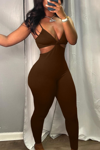 Brown Sexy Solid Hollowed Out Patchwork Spaghetti Strap Regular Jumpsuits