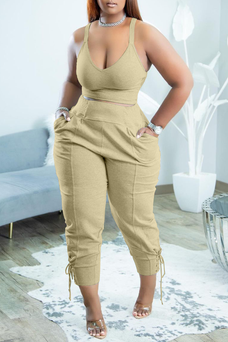 

Khaki Sexy Solid Split Joint V Neck Plus Size Two Pieces