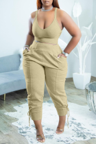 Khaki Sexy Solid Patchwork V Neck Plus Size Two Pieces