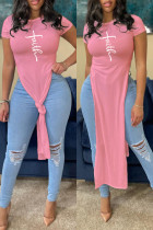 ピンクファッションカジュアルプリントスリットOネックTシャツ