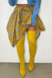 Amarillo moda calle cuadros estampado vendaje patchwork asimétrico cintura alta tipo A estampado completo fondos