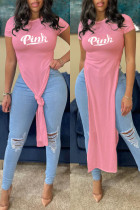 ピンクファッションカジュアルレタープリントスリットOネックTシャツ