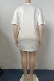 Witte casual print patchwork O-hals rechte jurken met grote maten