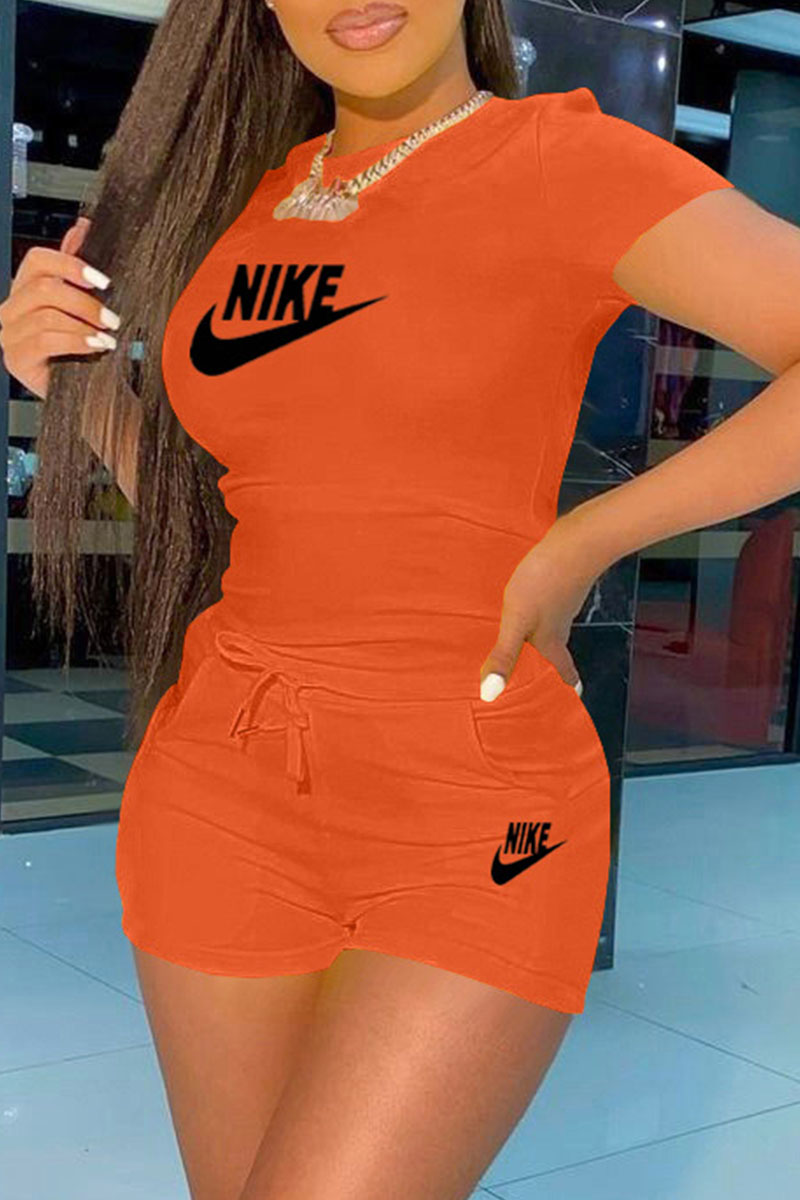 

Orange Fashion Casual Print Letter O Neck Short Sleeve Two Pieces