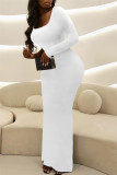 Белые модные повседневные однотонные базовые платья с квадратным воротником и длинными рукавами