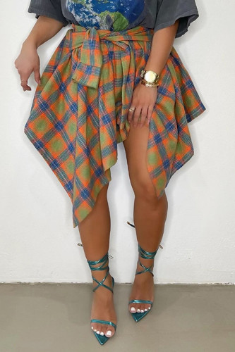 Tangerine Red Fashion Street Plaid Print Bandage Patchwork Asymmetrical High Waist Type A Full Print Bottoms