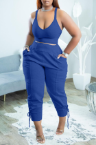 Deep Blue Sexy Solid Patchwork V Neck Plus Size Two Pieces
