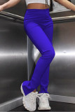 Pantalones de cintura alta ajustados con abertura sólida casuales de moda azul