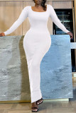 ホワイトファッションカジュアルソリッドベーシックスクエアカラー長袖ドレス