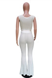 ホワイト ファッション カジュアル ソリッド パッチワーク スクエア カラー ノースリーブ XNUMX ピース