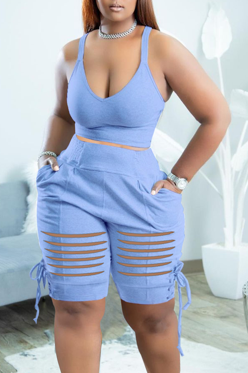 

Light Blue Sexy Solid Split Joint U Neck Sleeveless Two Pieces