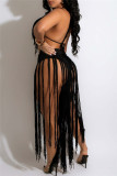 Khaki Sexy Solid Tassel Bandage Hollowed Out Backless Swimwears Cover Up