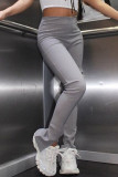 Pantalones pitillo de cintura alta con abertura sólida casual de moda gris