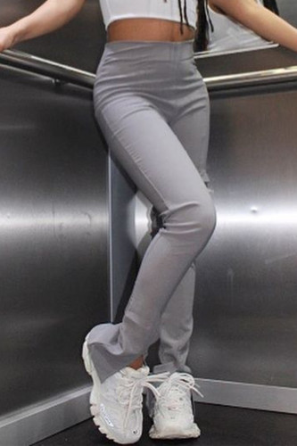Grey Fashion Casual Solid Slit Skinny High Waist Trousers
