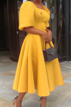 Gelbe, elegante, solide Patchwork-Abendkleider mit quadratischem Kragen