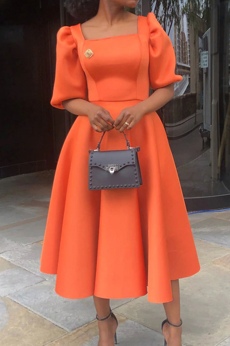 

Tangerine Elegant Solid Split Joint Square Collar Evening Dress Dresses