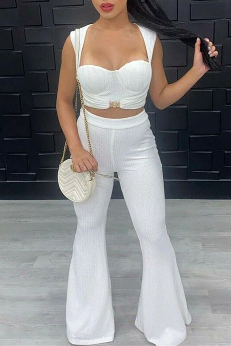 

White Fashion Casual Solid Split Joint Square Collar Sleeveless Two Pieces