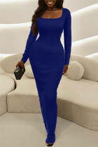 ディープブルーファッションカジュアルソリッドベーシックスクエアカラー長袖ドレス
