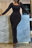 ブラックファッションカジュアルソリッドベーシックスクエアカラー長袖ドレス