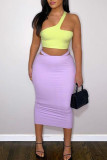 Purple Sexy Solid Patchwork Asymmetrical Oblique Collar Sleeveless Two Pieces