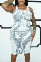 White Sexy Print Patchwork U Neck Vest Dress Dresses