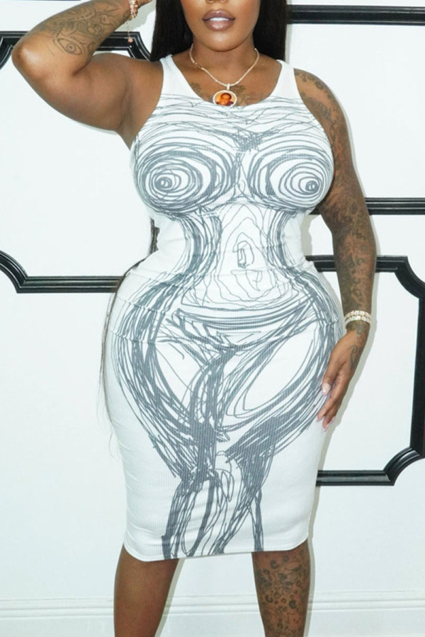 Белый сексуальный принт в стиле пэчворк U-образный вырез жилет платье платья