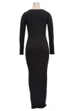 Black Fashion Casual Solid Basic Square Collar Long Sleeve Dresses