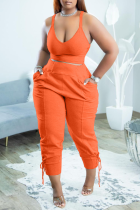 Tangerine Red Sexy Solid Patchwork V Neck Plus Size Two Pieces