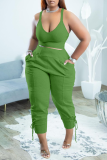 Kaki Sexy Solid Patchwork V Neck Plus Size Two Pieces