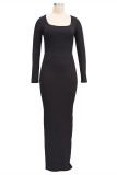 Black Fashion Casual Solid Basic Square Collar Long Sleeve Dresses
