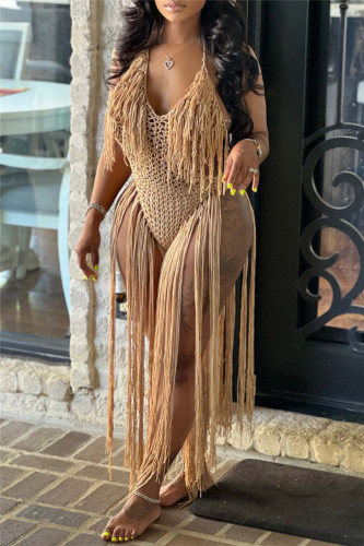 Khaki Sexy Solid Tassel Bandage Hollowed Out Backless Swimwears Cover Up