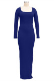 Темно-синие модные повседневные однотонные базовые платья с квадратным воротником и длинными рукавами