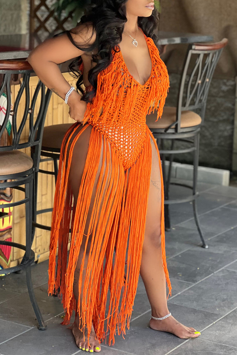 

Orange Sexy Solid Tassel Bandage Hollowed Out Backless Swimwears Cover Up