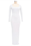 Белые модные повседневные однотонные базовые платья с квадратным воротником и длинными рукавами