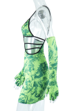 Зеленый сексуальный принт пэчворк спагетти ремень юбка-карандаш платья