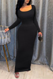 ブラックファッションカジュアルソリッドベーシックスクエアカラー長袖ドレス