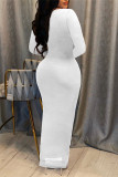 White Fashion Casual Solid Basic Square Collar Long Sleeve Dresses