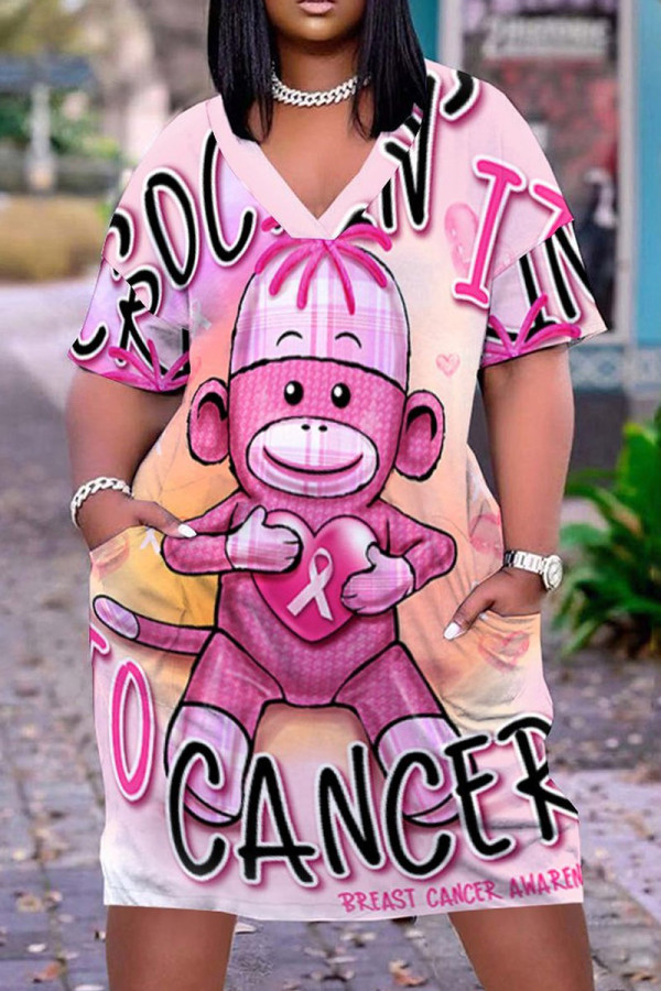 ピンクオレンジファッションカジュアルプリントベーシックVネック半袖ワンピース