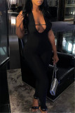 Black Sexy Casual Solid Bandage Hollowed Out Backless Halter Jumpsuits