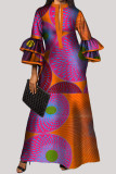 ブルーオレンジファッションカジュアルプリントパッチワークVネック長袖ドレス