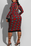 Rode mode casual geruite print patchwork rugloze O-hals lange mouwen grote maten jurken