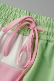 Rosa verde casual roupas esportivas estampa patchwork gola com capuz manga curta duas peças